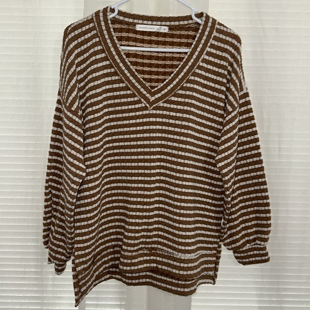 ALTAR’D STATE XS White Tan Soft Striped Kameron Urban Ribbed V-Neck Tunic Top - Picture 8 of 16